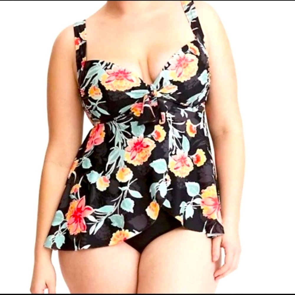 Torrid 3 retro black floral push-up cup w/ wire bra babydoll tankini swim top